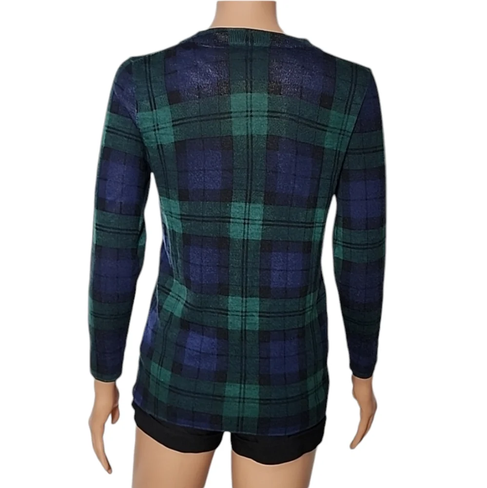 J.Crew Women’s 100% Merino Wool Sweater‎ Size S Plaid Green Blue long sleeve